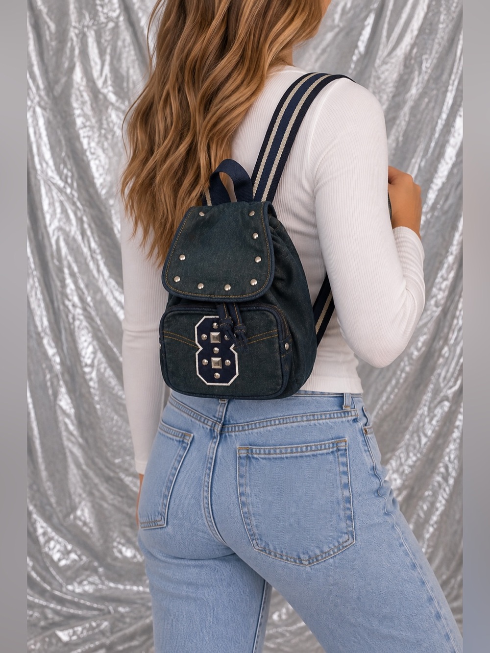 Vintage Y2K 90s Denim Navy Studded Drawstring Backpack